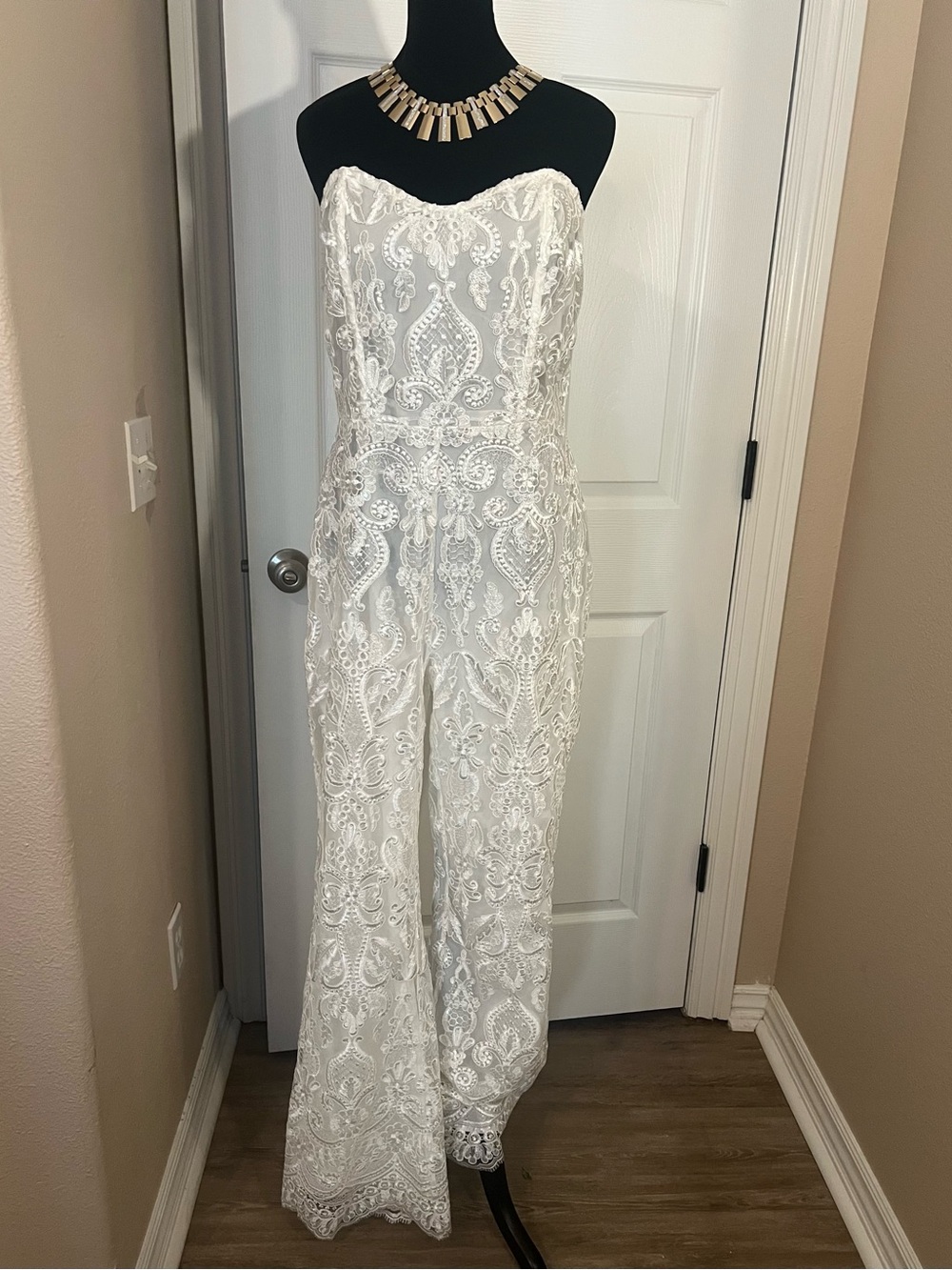 Strapless Formal White Lace Evening Jumpsuit